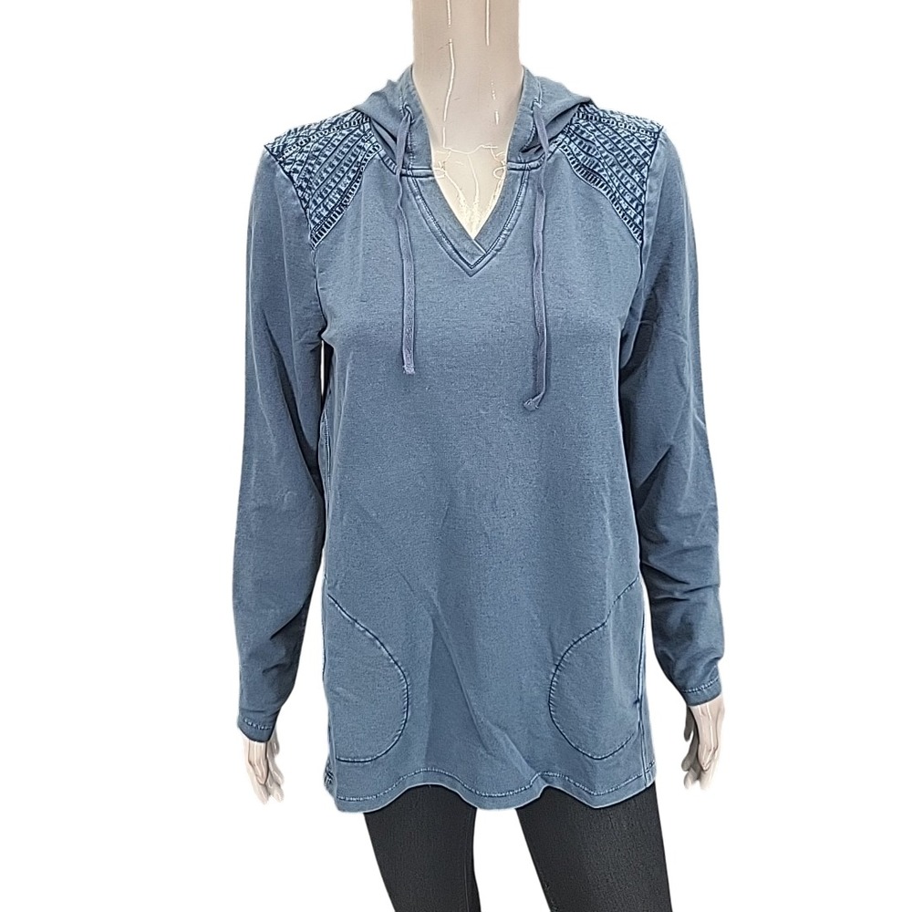 Womens Hoodie Small Size Blue French Terry Pockets Long Sleeves Pullover Top